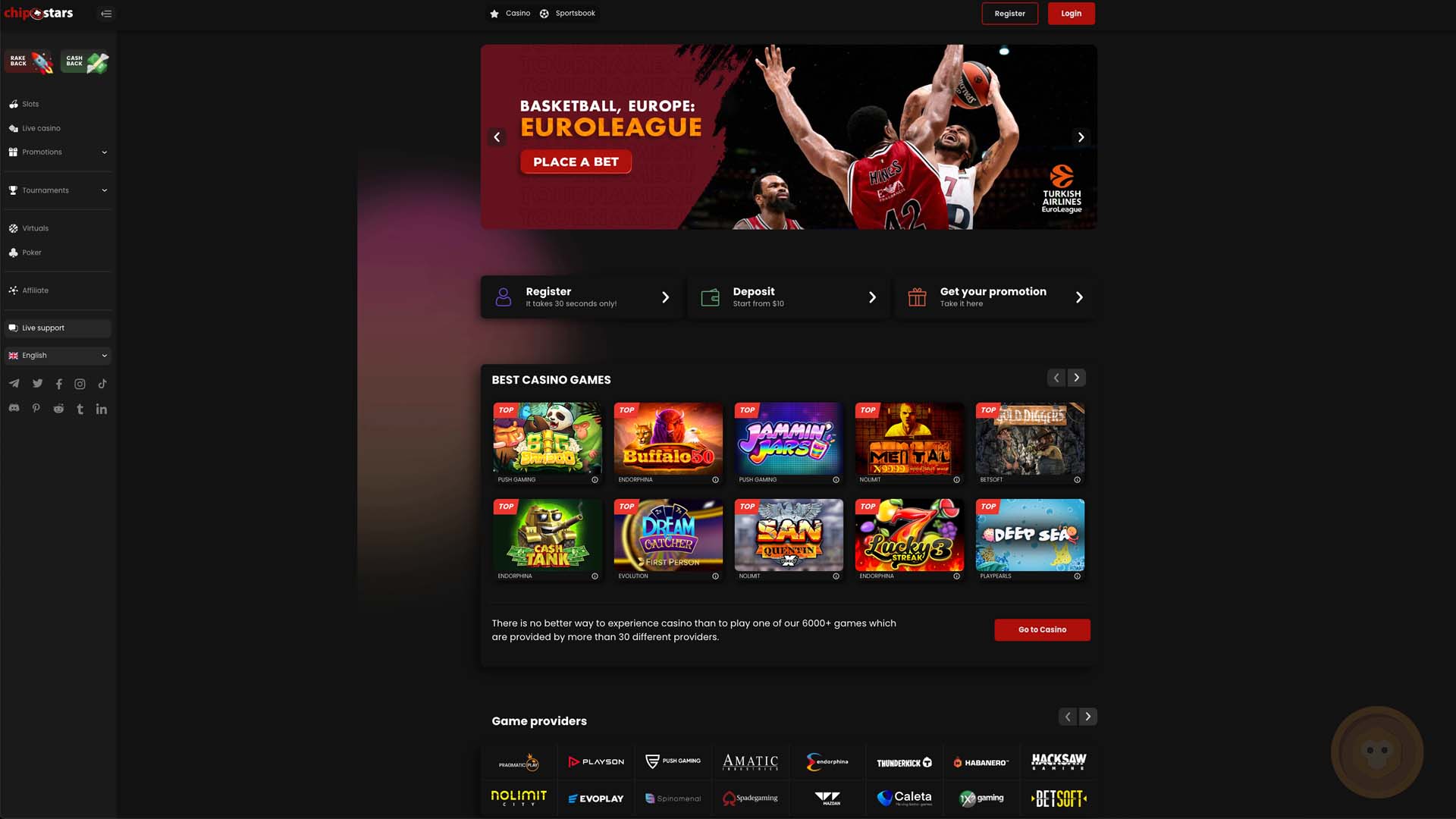 Chipstars Casino Review - Homepage